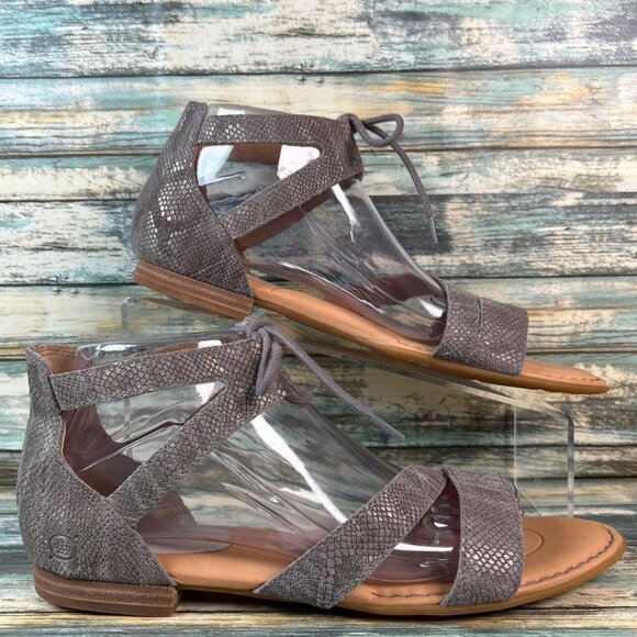 Born Womens 10 Ankle Tie Sandal Gray Leather Snake Print Open Toe Low Block Heel - Picture 1 of 11